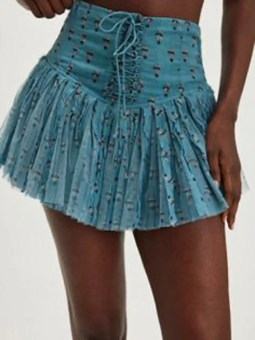 Free People Dusty Blue Floral Tulle Mini Skirt